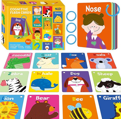 50 PCS Kid First Cognitive Flashcards,Double Sided Printed 7 in 1 Colorful Cards Alphabet,Numbers, Foods,Animals,Shapes,Colors with 3 Reclosable Rings,Learning Tool for Pre-K Kindergarten Toddlers