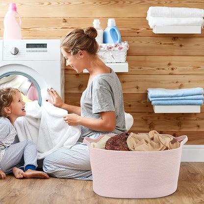 XUANGUO Large Rectangle Blankets Baskets 22"x17"x12" Toy Basket for Kids Woven Cotton Rope Storage Basket for Nursery - Wicker Laundry Baskets for Clothes Towels - Ideal for Living Room Storage pink