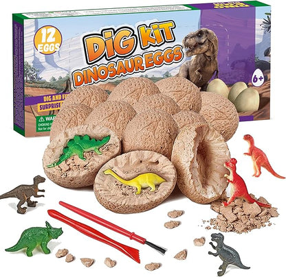 Dino Eggs Dig Kit, 12 Pack Dinosaur Eggs Excavation Science Experiments Kits for Kids 4-12, Easter Basket / Stocking Stuffers, Toys for 3+ 4 5 6 7 8 9 10 Year Old Boys Girl