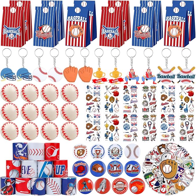 ANPHILE Baseball Party Favors, Baseball Birthday Party Supplies with Goodie Bags Slap Bracelets Stickers Mini Bouncy Balls Toy for Goodie Bag Stuffers,Classroom Prize