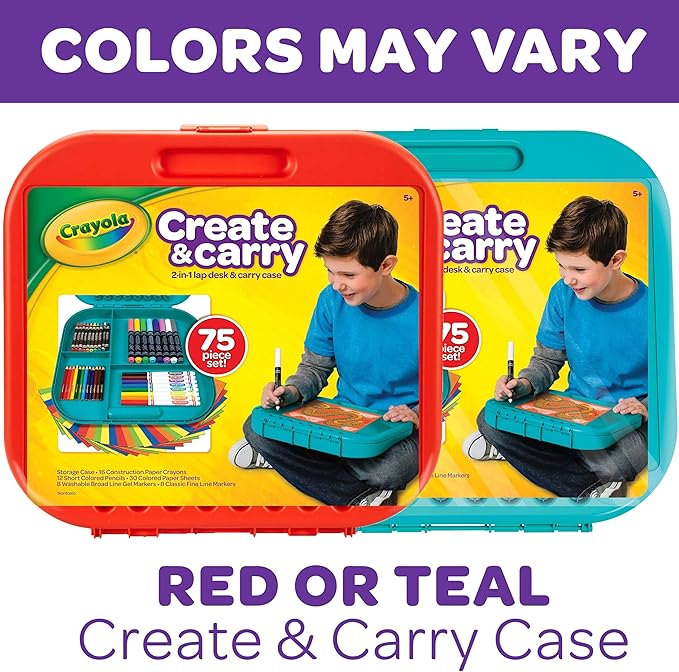 Crayola Create 'N Carry Art Set (75pcs), 2-in-1 Lap Desk & Carrying Case, Art Kit for Kids, Arts & Crafts Supplies, Easter Basket Stuffer & Gifts, 5+