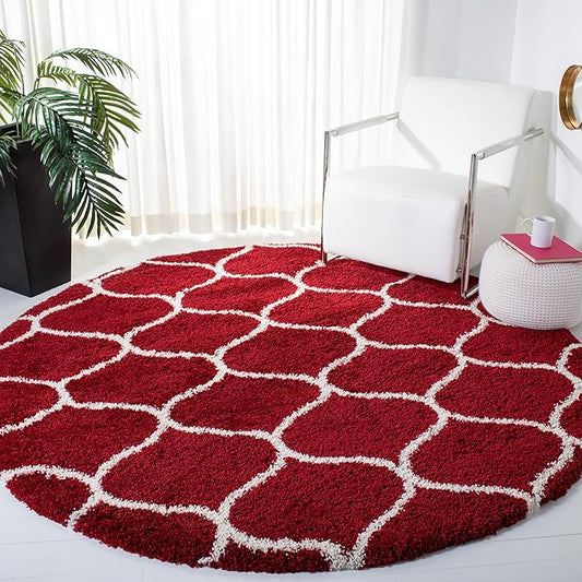 SAFAVIEH Hudson Shag Collection 9' Round Red / Ivory SGH280R Moroccan Ogee Trellis Non-Shedding Living Room Bedroom Dining Room Entryway Plush 2-inch Thick Area Rug