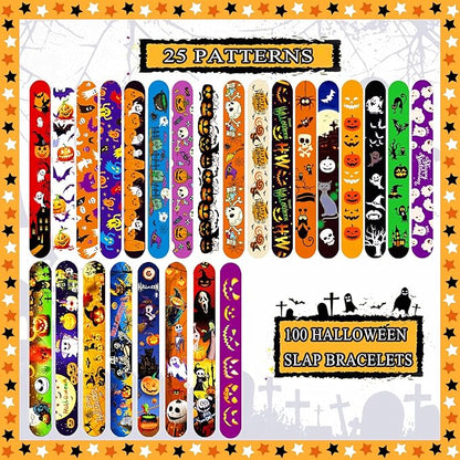 Halloween Slap Bracelets for Kids, 100 Halloween Bracelet Toys Bulk For Kids Girls Boys, Trick or Treat Party Favors, Exchanging Gifts, Classroom Prizes, Halloween Party Gift Treat Bag Filler Supply