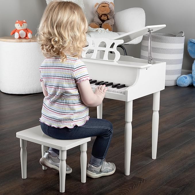 Kids Piano - 30 Key Mini Grand Piano with Music Stand, Bench, and Note Stickers - for Beginners - Instruments for Kids by Hey Play (White)