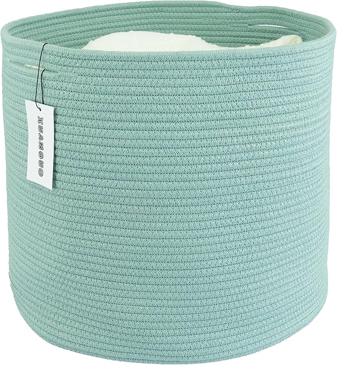 XUANGUO Cotton Rope Basket For Girls Boys Kids 16”X14” Baby Laundry Baskets Nursery Bin Round Woven Basket Organizer For Storage Toys Blankets Shoes Clothes green
