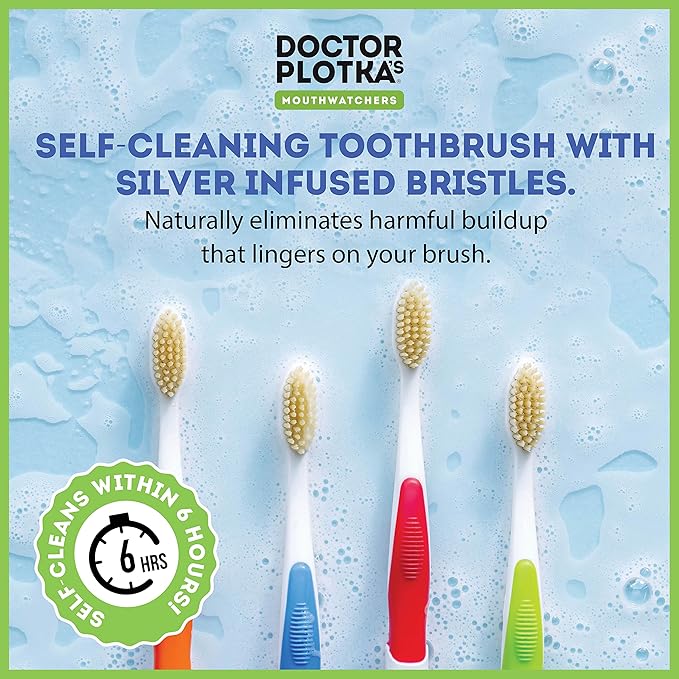 MOUTHWATCHERS Soft Kids Toothbrushes, 4 Pack, Manual Flossing Toothbrush, Ultra Clean, Pink Childrens Toothbrushes, by Dr. Plotka's