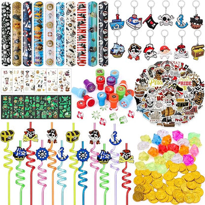 180 Pirate Party Favors Birthday Supplies Straw Gold Coin Gems Sticker Stamp Keychain Slap Bracelet Toy Gift Boy Girl Kid Goodie Bag Stuffer Carnival Prize Decorations Pirate Party Supplies