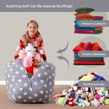 Aubliss Stuffed Animal Bean Bag Storage Chair, Beanbag Covers Only for Organizing Plush Toys, Turns into Bean Bag Seat for Kids When Filled, Medium 32"-Canvas Stars Grey