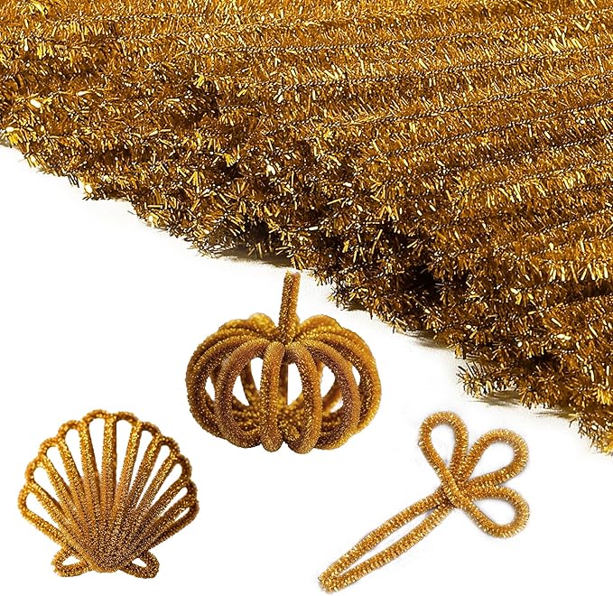 Caydo 200 Pieces Glitter Golden Pipe Cleaners, Thick Fluffy Chenille Stems, Pipe Cleaner Crafts for Arts & Crafts, Perfect for Making Animals, Flowers, and Mother's Day Decorations