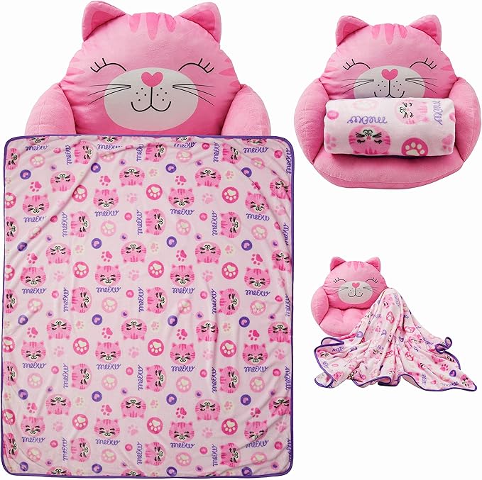 Unicorns & Robots Girls Cat Kids Lounge Pillow with Blanket, Plush Animal Cozy Cushion, Playroom Cozy Cushion & Kitty Room Decor, Ages 3+