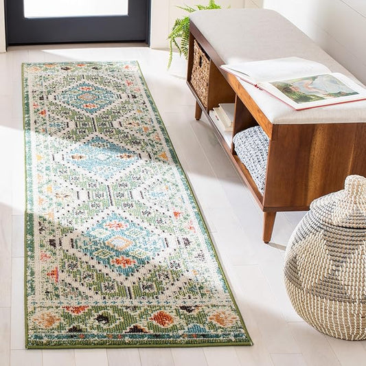 SAFAVIEH Madison Collection Runner Rug - 2' x 8', Green & Beige, Boho Diamond Distressed Design, Non-Shedding & Easy Care, Ideal for High Traffic Areas in Living Room, Bedroom (MAD418Y)