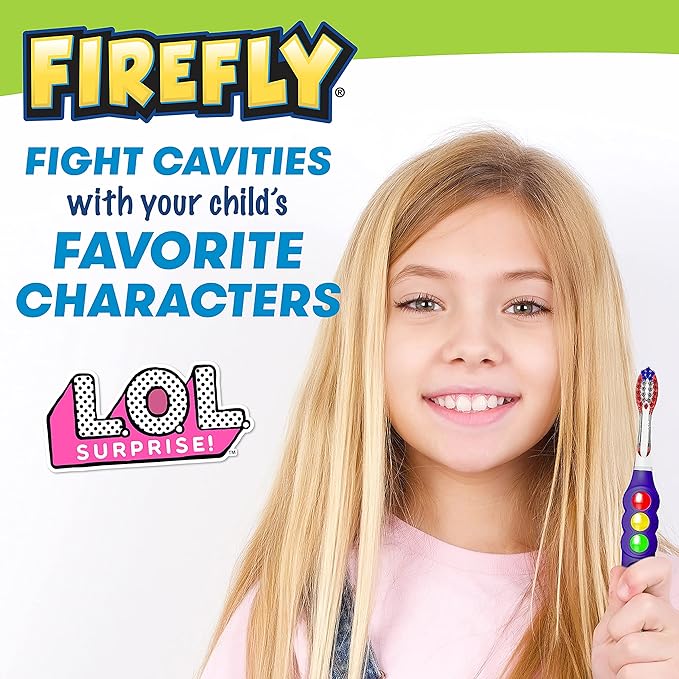 FIREFLY Ready Go Light Up Timer Toothbrush, L.O.L. Surprise!, Premium Soft Bristles, 1 Minute Timer, Less Mess Suction Cup, Battery Included, Easy Storage, Dentist Recommended, Ages 3+, 2 Pack