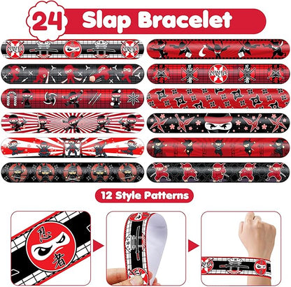 48PCS Ninja Party Favors - 24PCS Tattoos & 24PCS Slap Bracelets - Ninja Birthday Party Supplies, Samurai Baby Shower Decorations, Gifts, Classroom Prizes for Boys & Girls