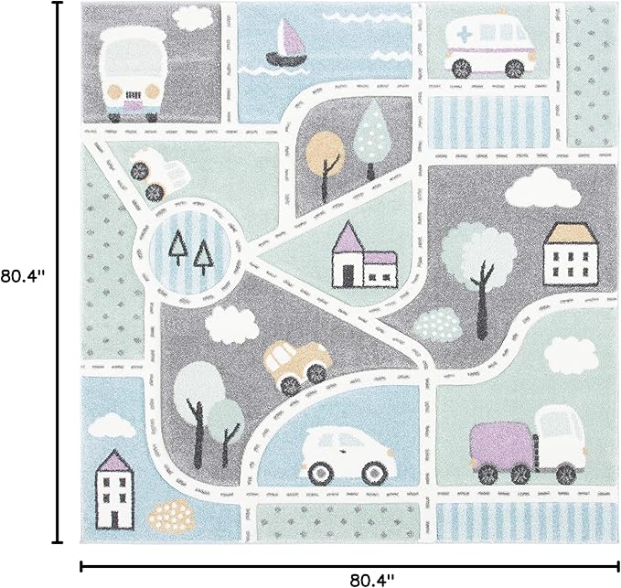 SAFAVIEH Carousel Kids Collection Area Rug - 6'7" Square, Grey & Light Blue, Non-Shedding & Easy Care, Ideal for High Traffic Areas for Boys & Girls in Playroom, Nursery, Bedroom (CRK193F)