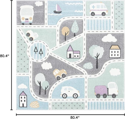 SAFAVIEH Carousel Kids Collection Area Rug - 6'7" Square, Grey & Light Blue, Non-Shedding & Easy Care, Ideal for High Traffic Areas for Boys & Girls in Playroom, Nursery, Bedroom (CRK193F)