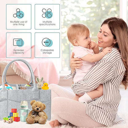 Cute Castle 4 Pack Diaper Caddy Organizer - Portable Baby Caddy Organizer with Handle, Nursery Storage Bin and Car Organizer for Girls, Boys - Baby Gift Basket - Grey