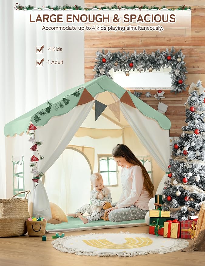 besrey Kids Tent, Kids Play Tent 2 in 1 with Padded Mat and Lights, Large Playhouse with 2 Doors & 4 Windows, Indoor & Outdoor, Christmas Toddler Playhouse, 51" x35" x 51" (Green)