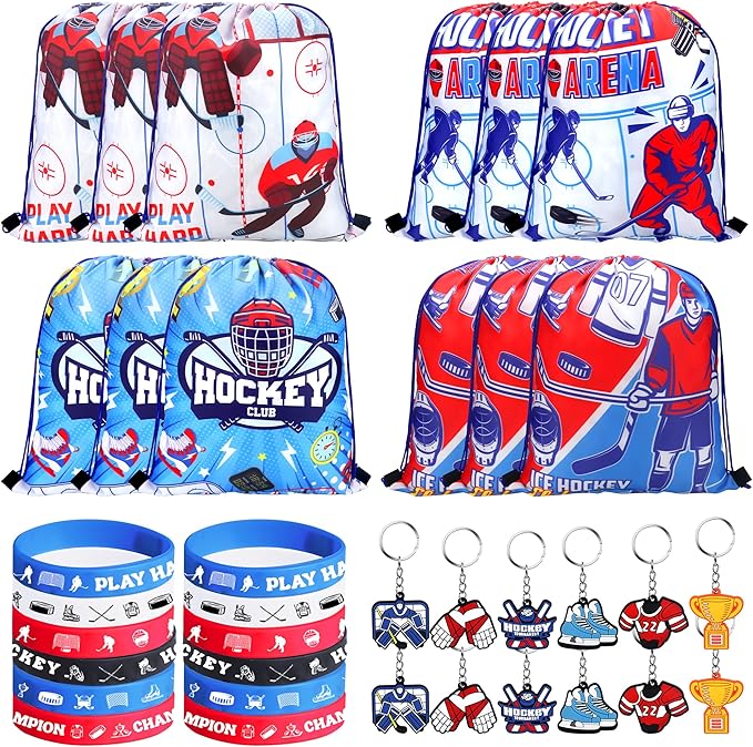 36 PCS Hockey Party Favors Set Include 12 Hockey Drawstring Bag, 12 Hockey Silicone Bracelet, 12 Hockey Motivational Keychain for Ice Hockey Sports Party Birthday Gift Supplies