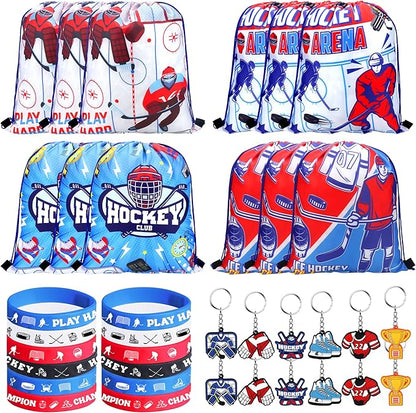36 PCS Hockey Party Favors Set Include 12 Hockey Drawstring Bag, 12 Hockey Silicone Bracelet, 12 Hockey Motivational Keychain for Ice Hockey Sports Party Birthday Gift Supplies