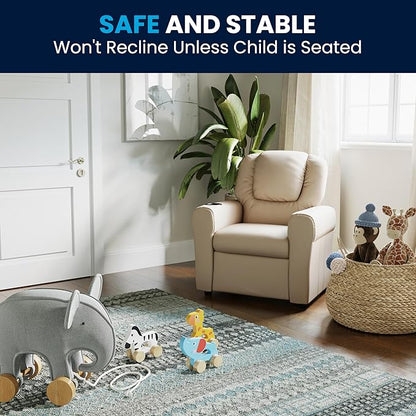 Flash Furniture Vana Vinyl Kids Recliner with Cup Holder, Headrest, and Safety Recline, Contemporary Reclining Chair for Kids, Supports up to 90 lbs., Beige