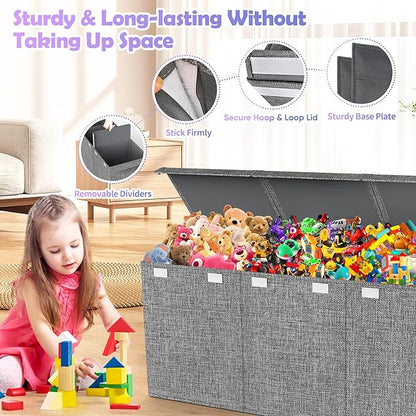 Mabahoo Extra Large Toy Box Chest with Lids, Collapsible Sturdy Kids Toy Storage Organizer Boxes for Boys Girls, 40"x14"x16", Toybox Storage Bins Basket for Living Room, Bedroom, Nursery, Gray