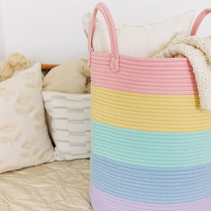 OrganiHaus Large Rainbow Woven Laundry Basket w/Handles 52L, Decorative Toy Storage Bin for Nursery, Colorful Blanket Basket for Playroom, Baby Laundry Hamper, Fun Kids Room Decor Organizer