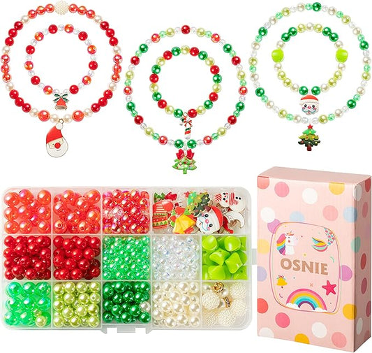OSNIE Red Green DIY Bead Jewelry Making Kit - Santa Claus Snowman Penguin Christmas Trees Reindeer Stocking Snowflake Bell Charm Bead for Kids Bracelets Necklaces Craft Material Beading Kit 400Pcs+