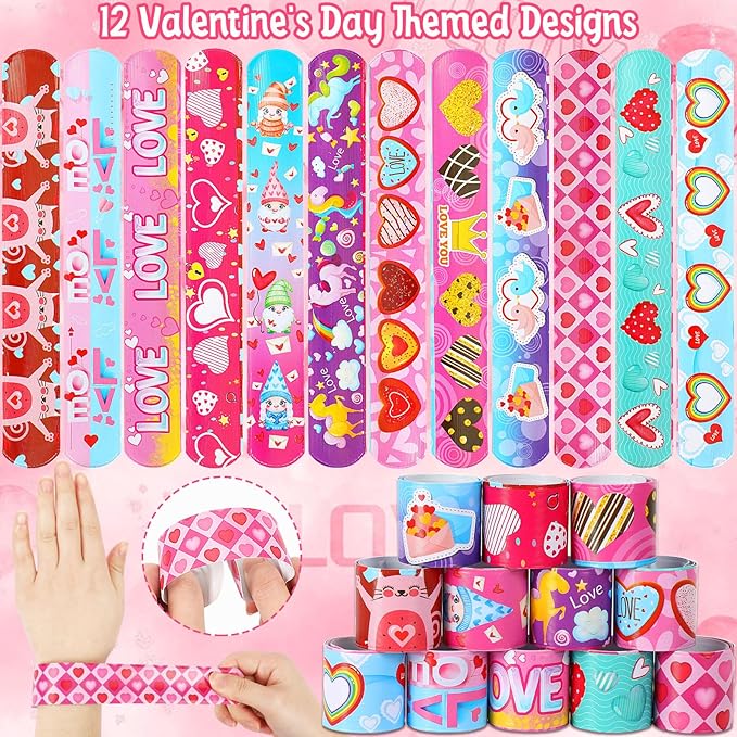 JUNEBRUSHS 50Pcs Valentines Day Party Favors Slap Bracelets Rubber Bracelets, Assorted Silicone Wristbands Snap Bracelets Valentines School Classroom Gifts Valentines Day Goodie Bag Stuffers