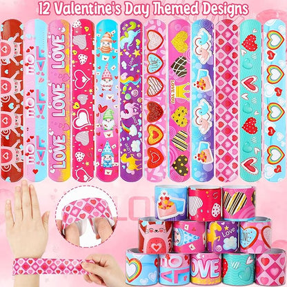 JUNEBRUSHS 50Pcs Valentines Day Party Favors Slap Bracelets Rubber Bracelets, Assorted Silicone Wristbands Snap Bracelets Valentines School Classroom Gifts Valentines Day Goodie Bag Stuffers
