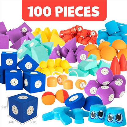 Magnetic Foam Blocks – STEM Preschool Toys for Children, Toddlers, Boys and Girls, The Ultimate Bath Toy – 100 Piece Set with Toy Chest, Bath Building Blocks, Engineering Toys for Kids 3-6