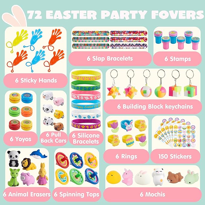 JOYIN 72Pcs Easter Party Favors Set, Sticky Hands, Stampers, Bracelets, Keychains, Rings, Sticker for Easter Basket Stuffers, Easter Goodie Bag Fillers, Classroom Prize Supplies, Easter Egg Toy