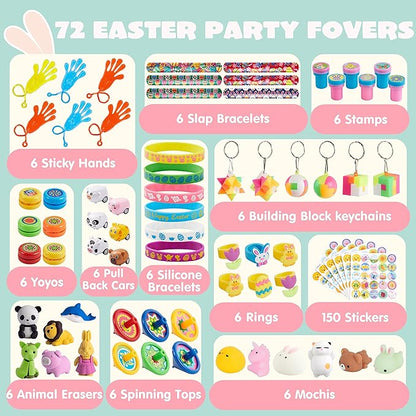 JOYIN 72Pcs Easter Party Favors Set, Sticky Hands, Stampers, Bracelets, Keychains, Rings, Sticker for Easter Basket Stuffers, Easter Goodie Bag Fillers, Classroom Prize Supplies, Easter Egg Toy