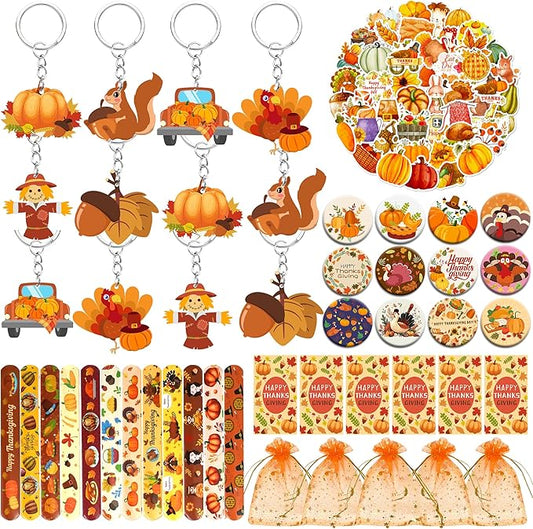 110 PCS Thanksgiving Party Favors Autumn Party Supplies with Key Chains Button Pins Stickers Rubber Bracelets for Fall Party Favors Decorations Classroom Prizes