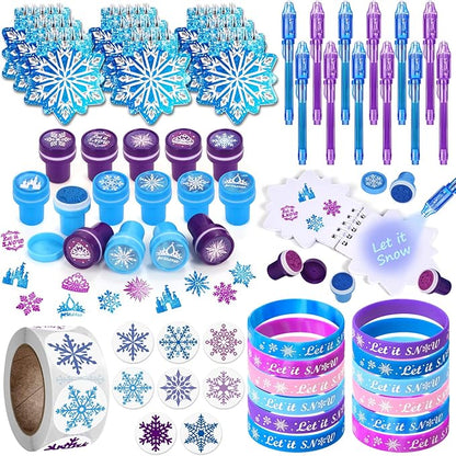Winrayk Frozen Party Favors Birthday Supplies for Girls Kids, Invisible Ink Pen Snowflake Notebook Silicone Bracelet Stamper Sticker, Goodie Bag Stuffer Pinata Elsa Winter Party Favors Decor Serves 12
