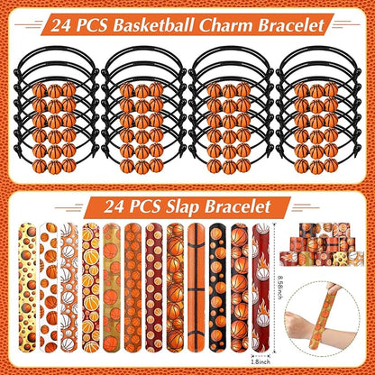 Aoriher 120 Pcs Basketball Sports Party Favors Set Serve 24, Basketball Goodie Bulk Foam Finger Mini Stress Ball Slap Bracelet Charm Bracelet Stamp for Girl Boy Kids Basketball Theme Party Supplies