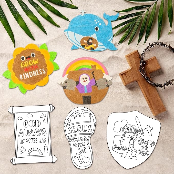 EZdhuawuse Religious Sand Art Craft Kit - 50P Easter Christian Sand Painting Cards for Kids DIY Sunday School Craft, Color Your Own God Jesus Cross DIY Crafts for Sunday Church Classroom Party