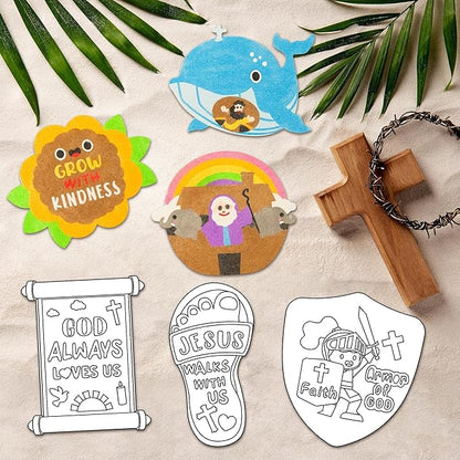 EZdhuawuse Religious Sand Art Craft Kit - 50P Easter Christian Sand Painting Cards for Kids DIY Sunday School Craft, Color Your Own God Jesus Cross DIY Crafts for Sunday Church Classroom Party