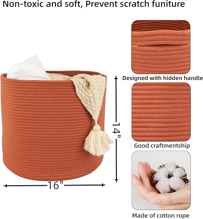 XUANGUO Cotton Rope Basket For Girls Boys Kids 16”X14” Baby Laundry Basket Nursery Bin Round Woven Baskets Organizer For Storage Toys Blankets Shoes Clothes rustic