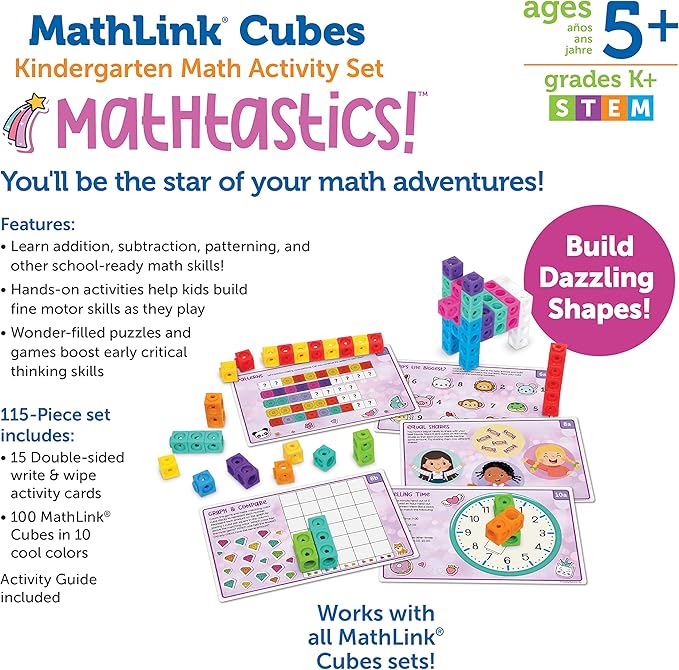 MathLink Cubes Kindergarten Math Activity Set Mathtastics!, Math Teaching Toys, PreKManipulatives, Children’s Math Games, 115 Pieces, Age 5+
