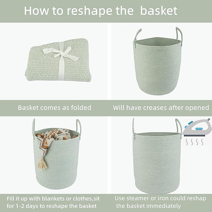 XUANGUO Cotton Rope Laundry Basket Hamper for Clothes Woven Storage Basket for Living Room Bedroom Boho Tall Rope Baskets for Blanket Toys Pillow Towels Baby Nursery Hamper Bin green