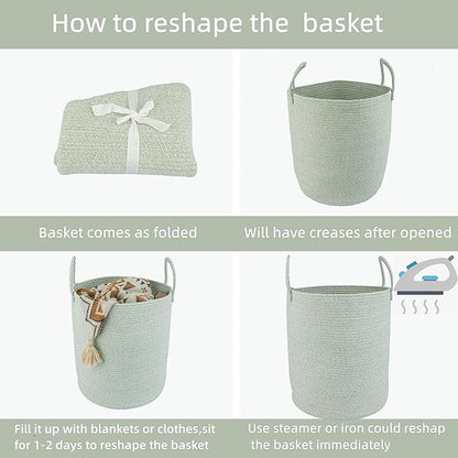 XUANGUO Cotton Rope Laundry Basket Hamper for Clothes Woven Storage Basket for Living Room Bedroom Boho Tall Rope Baskets for Blanket Toys Pillow Towels Baby Nursery Hamper Bin green