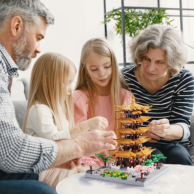 Chinese Ancient Famous Architecture Micro Building Blocks Set for Adults Yellow Crane Tower with Sakura Tree Cherry Plants, Toys for Kids Age of 14+ 2200 pcs