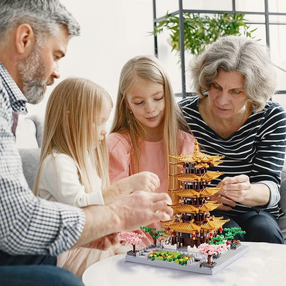 Chinese Ancient Famous Architecture Micro Building Blocks Set for Adults Yellow Crane Tower with Sakura Tree Cherry Plants, Toys for Kids Age of 14+ 2200 pcs