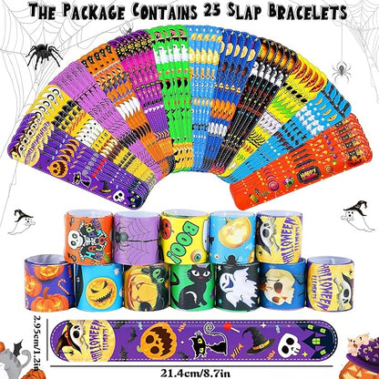 JUNEBRUSHS 50 Pack Halloween Party Favors Halloween Slap Bracelets Rubber Wristbands Assorted for Kids Halloween Slap Bands for Boys Girls Halloween Classroom Prizes Gifts Toys Treat Bag Fillers
