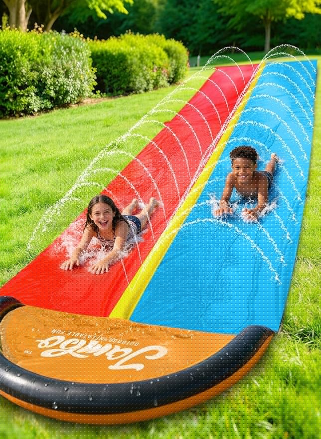 JAMBO Premium 18Ft Budget Slip Splash and Slide, Heavy Duty Water Slide with Advanced Sprinkler System, Backyard Waterslide, Splash Mat, Outdoor Water Toys n Slides for Kids