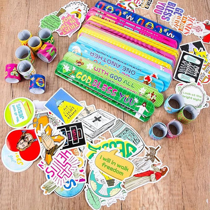 Kolewo4ever 244 Pieces Bible Verses Gifts Set:144 Pieces Bible Verses Slap Bracelets Religious Christian Wristbands 100 Pieces Bible Verses Stickers for Church Gatherings and Additional Activities
