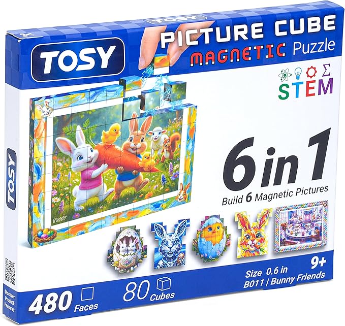 TOSY Picture Cube Bunny Friends: 6-in-1 Magnetic Picture Puzzle, Easter Basket Stuffers STEM Gift for Kids & Adults, 80 Blocks, 488 Faces/Magnets, 0.6in, B011, Seamless UV Art, Display-Ready Frame