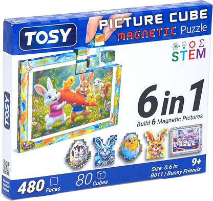 TOSY Picture Cube Bunny Friends: 6-in-1 Magnetic Picture Puzzle, Easter Basket Stuffers STEM Gift for Kids & Adults, 80 Blocks, 488 Faces/Magnets, 0.6in, B011, Seamless UV Art, Display-Ready Frame