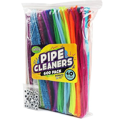 Carl & Kay 600 Pipe Cleaners & 74 Googly Eyes - Chenille Stems Craft - Colorful Pipe Cleaners for Kids - Bulk Soft Fuzzy Stems