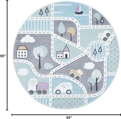 SAFAVIEH Carousel Kids Collection Area Rug - 8' Round, Grey & Light Blue, Non-Shedding & Easy Care, Ideal for High Traffic Areas for Boys & Girls in Playroom, Nursery, Bedroom (CRK193F)